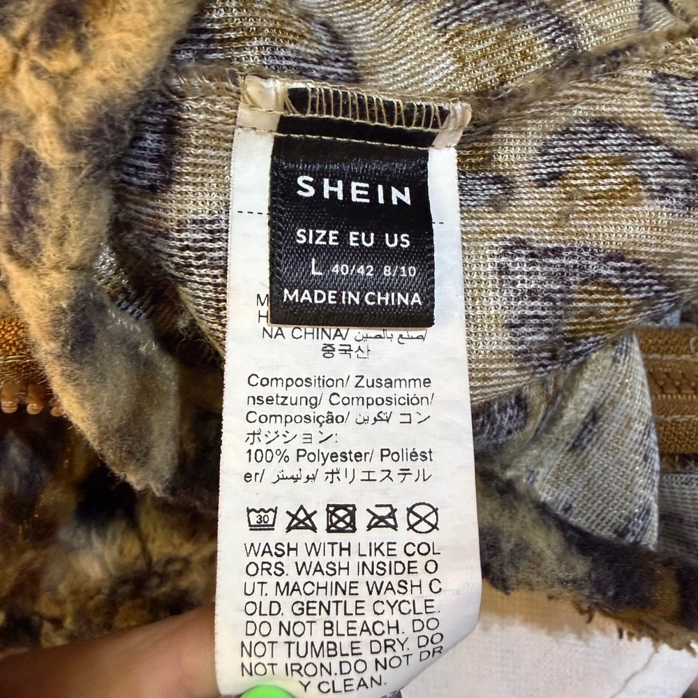 SHEIN Leopard Print Fuzzy Cropped Zip Up Jacket Vest Sherpa Large Brown Tan - Picture 4 of 5